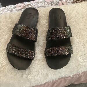 New Reef Black Glitter Slide Sandals 7